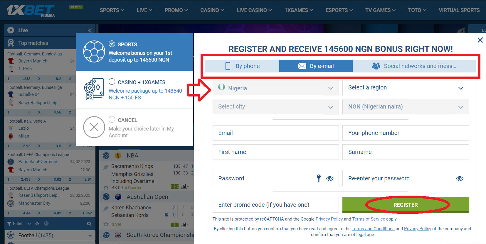 1xBet registration by email Nigeria