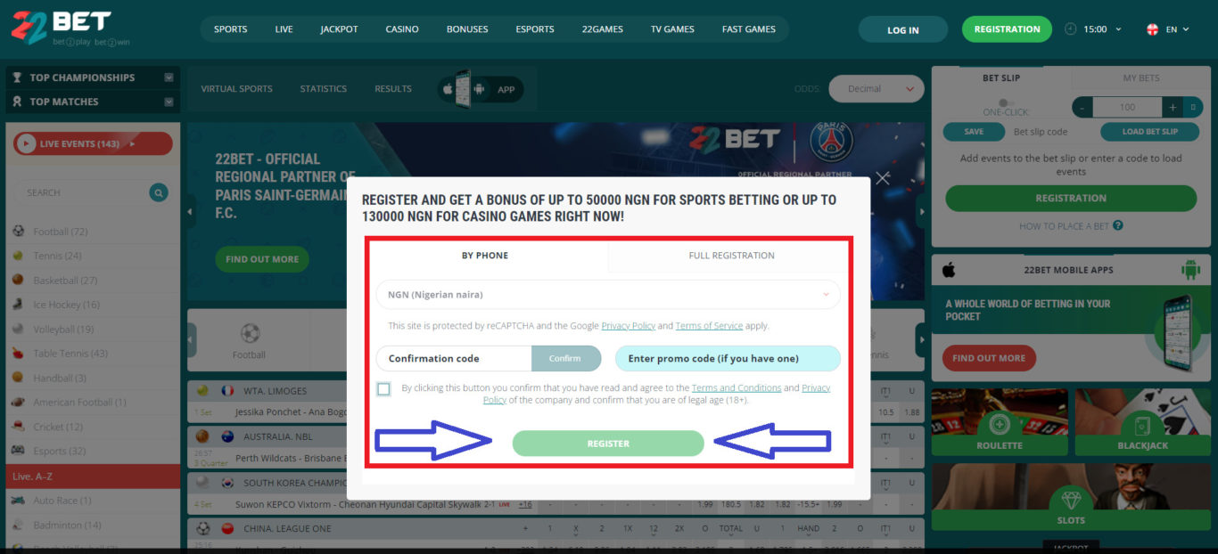 22Bet login in Nigeria