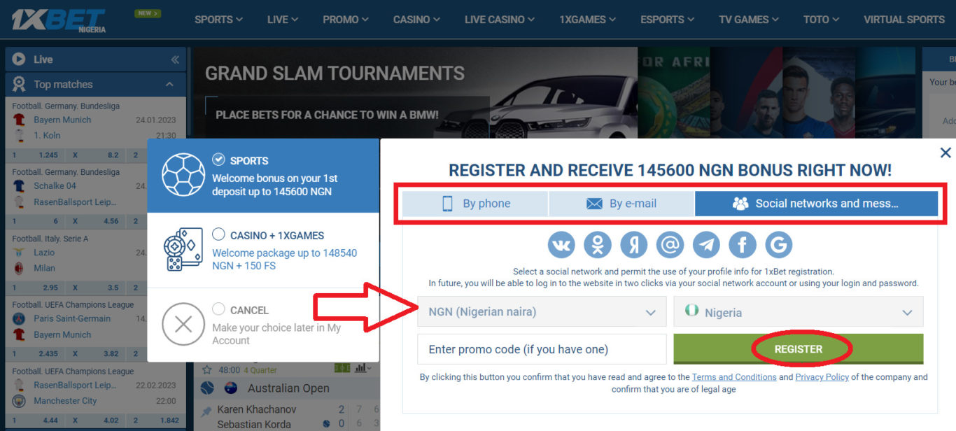 1xBet registration via social networks in Nigeria