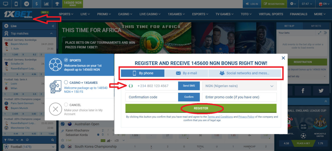 1xBet registration by phone number Nigeria